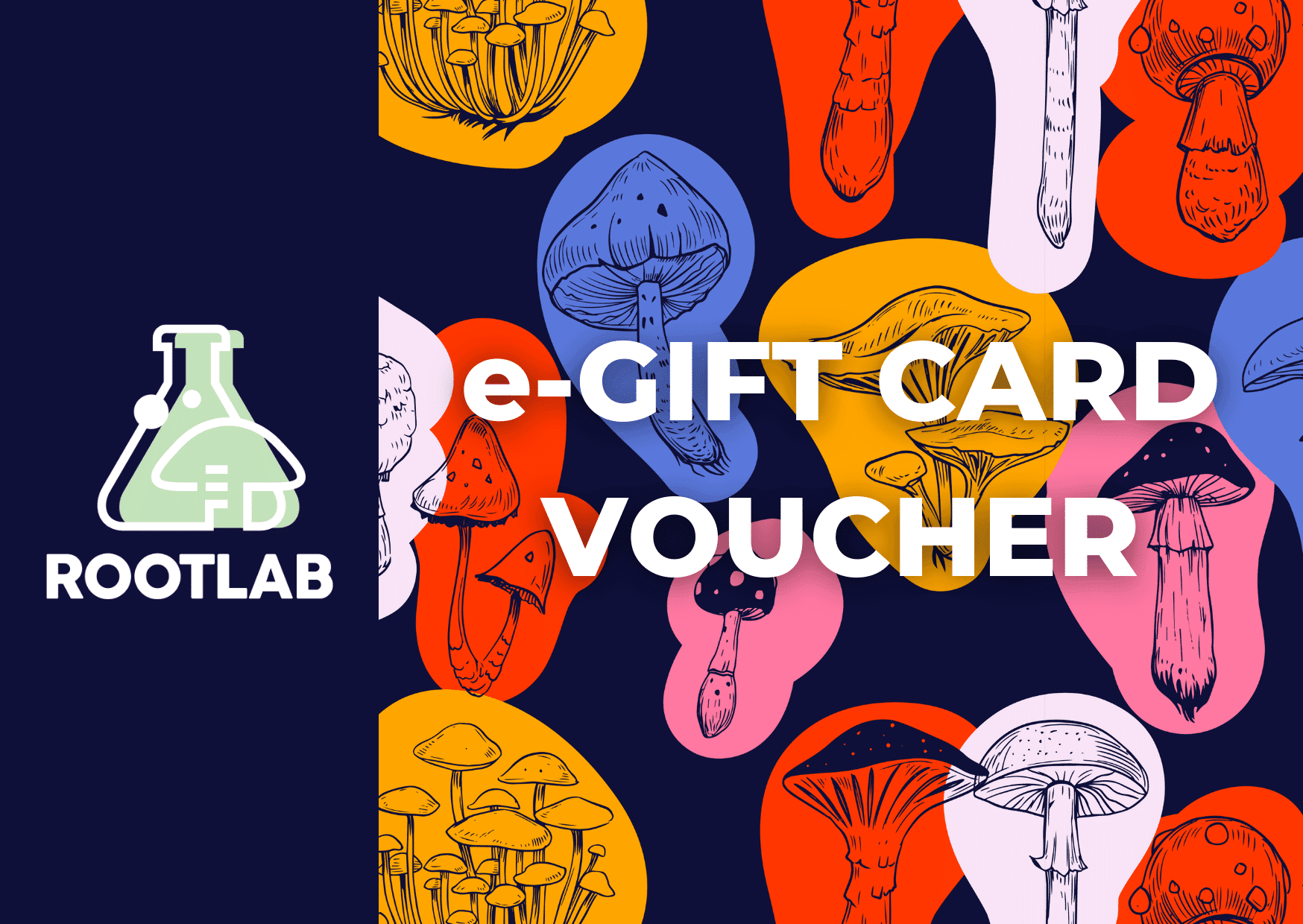 Colourful illustrated mushrooms with "e-Gift Card Voucher" and ROOTLAB text on a patterned background.