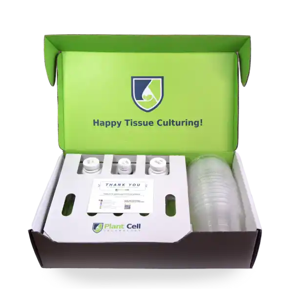 The Plant Cell Tissue Culture Starter Kit includes jars, petri dishes, and a thank you card, all packaged in a green Plant Cell box.