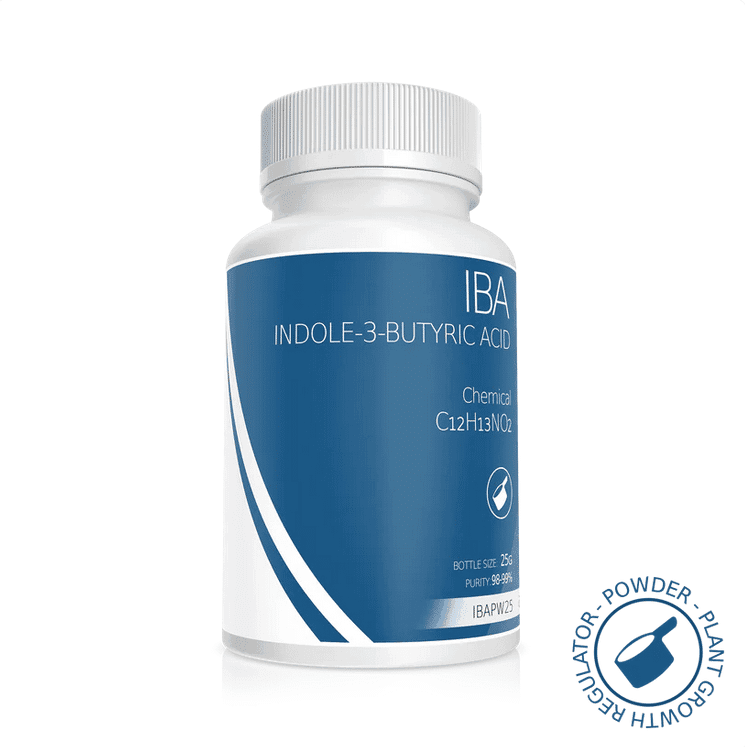 White bottle labelled Plant Cell Indole-3-Butyric Acid (IBA) Powder with blue accents and a plant growth regulator seal.