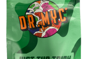 Green camouflage bag labelled "DRMyc Just-the-Trich – For Substrate Vitality" features colourful mushroom art and the phrase "JUST THE TRICH" at the bottom.