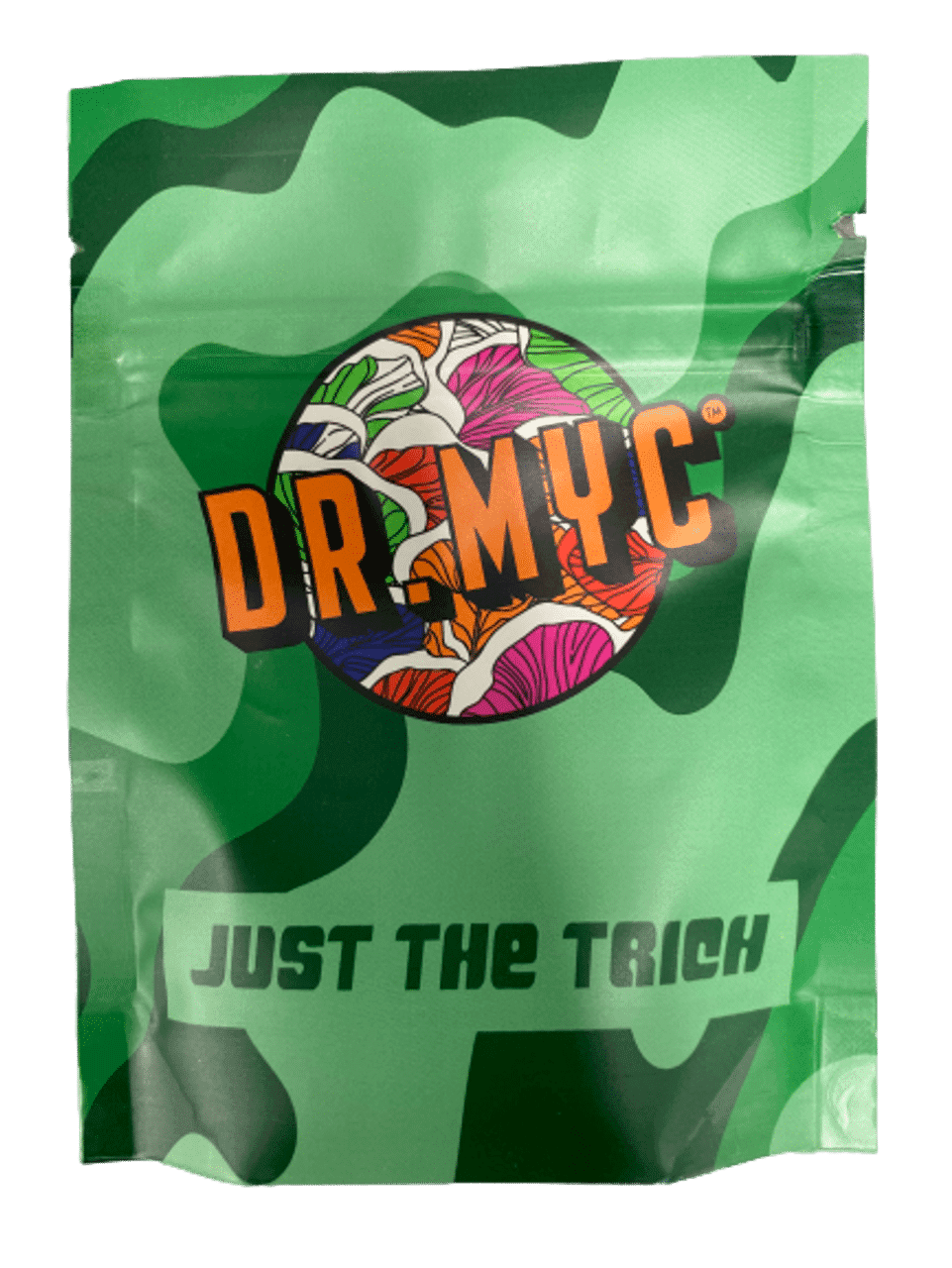 Green camouflage bag labelled "DRMyc Just-the-Trich – For Substrate Vitality" features colourful mushroom art and the phrase "JUST THE TRICH" at the bottom.