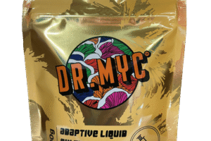 Gold pouch labelled DRMyc Adaptive Liquid Culture Premix, 100g, makes 21 pints of liquid culture, features a colourful logo.