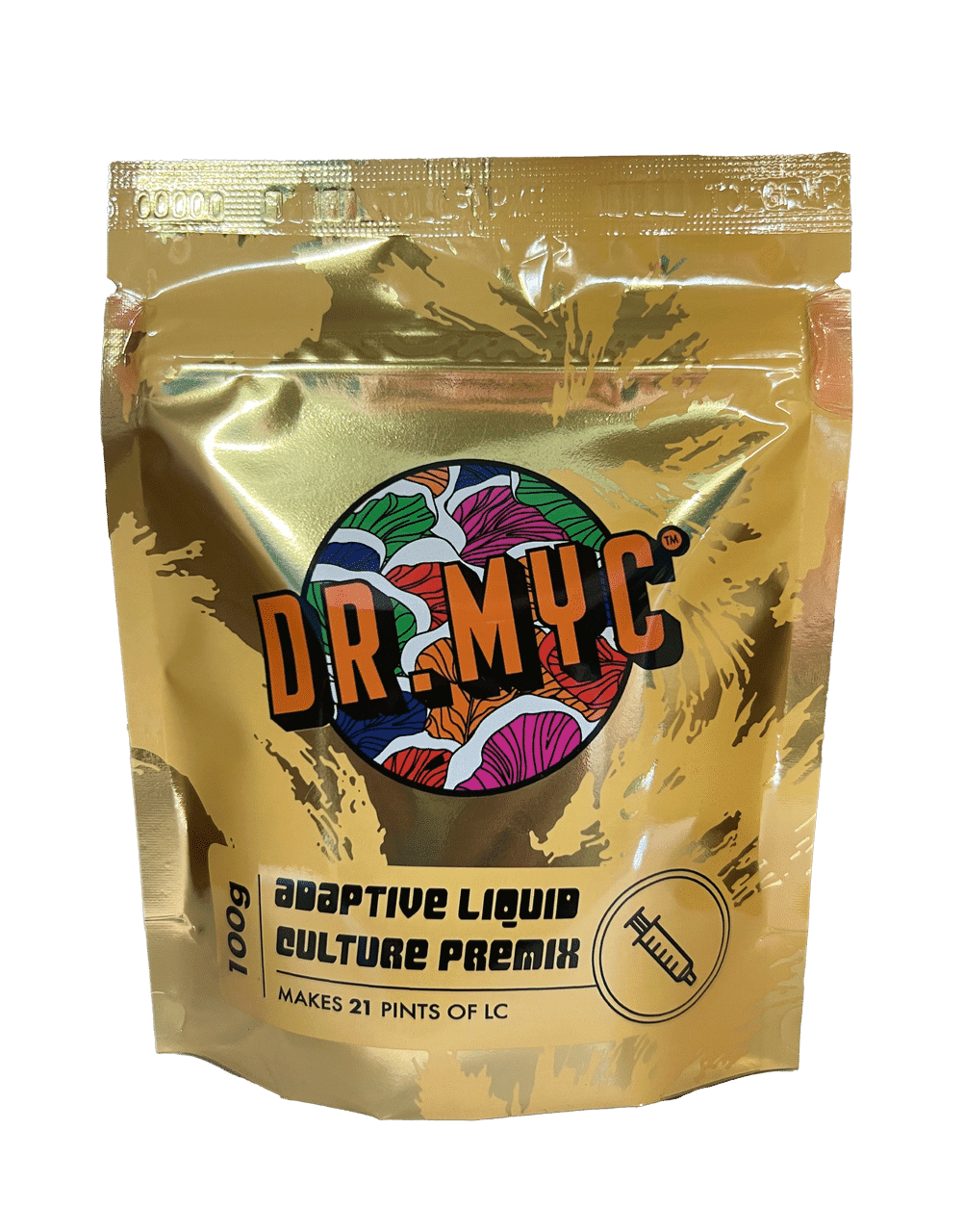 Gold pouch labelled DRMyc Adaptive Liquid Culture Premix, 100g, makes 21 pints of liquid culture, features a colourful logo.