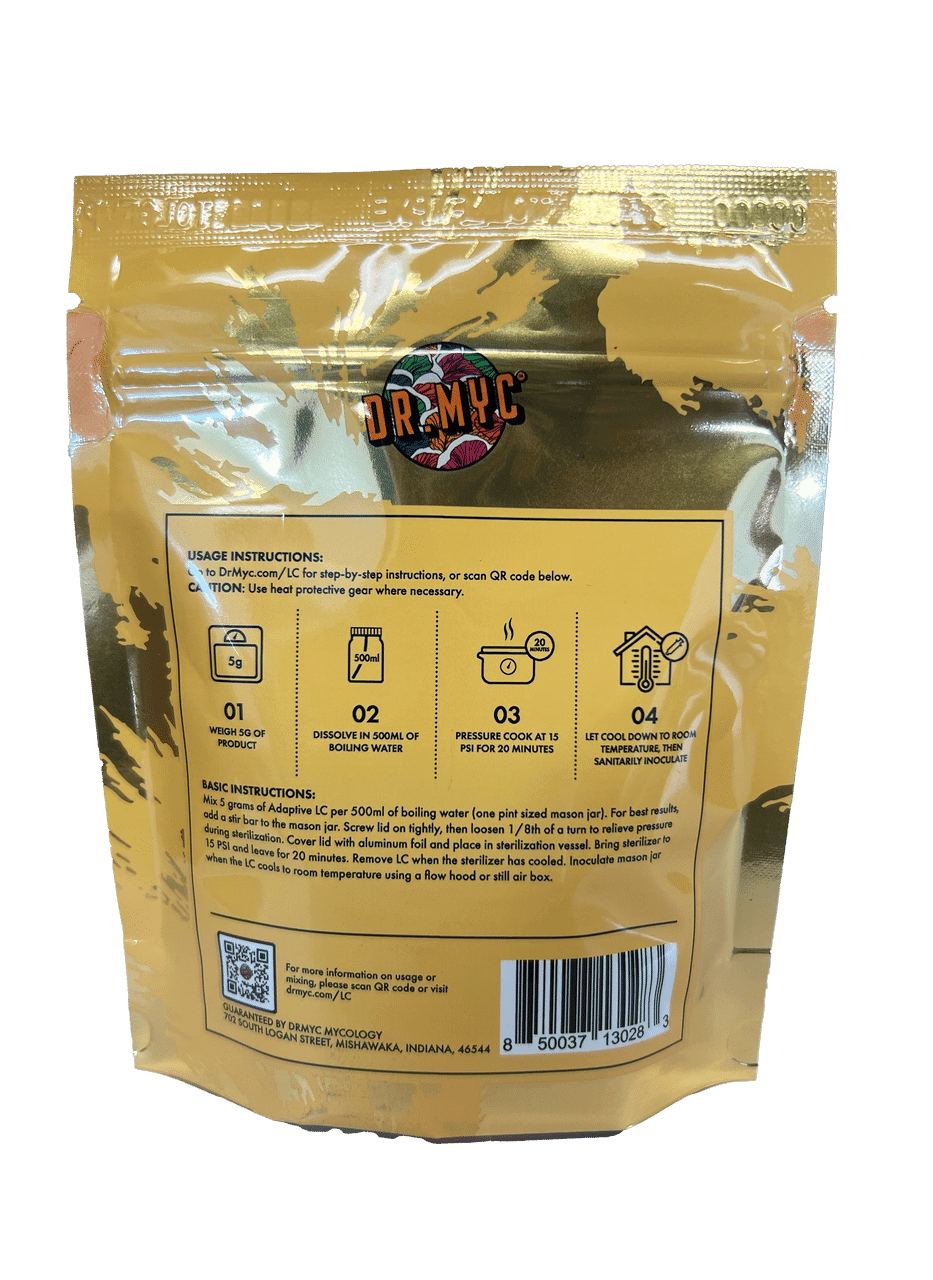 Back of a yellow DRMyc Adaptive Liquid Culture Premix pouch featuring printed instructions and a QR code on the packaging.