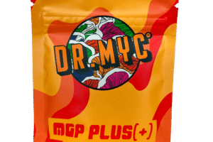 A colourful DRMyc MGP Plus - Growth Promotion + Substrate Vitality pouch featuring a mushroom design on the front.
