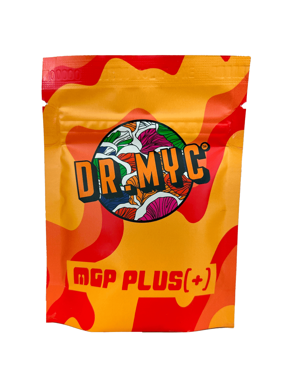 A colourful DRMyc MGP Plus - Growth Promotion + Substrate Vitality pouch featuring a mushroom design on the front.