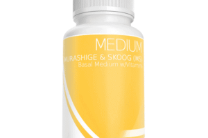 White bottle labelled "Plant Cell Murashige & Skoog (MS) Basal Medium with Vitamins" set against a yellow background.