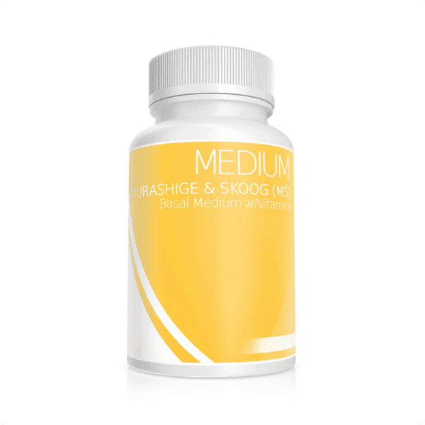 White bottle labelled "Plant Cell Murashige & Skoog (MS) Basal Medium with Vitamins" set against a yellow background.