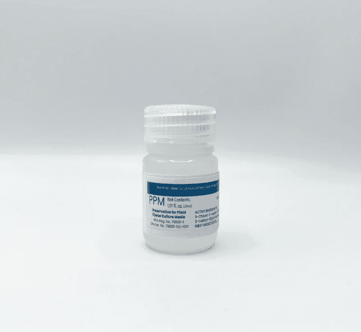 A small white plastic bottle of Plant Cell Plant Preservative Mixture (PPM™) with a blue and white label, set against a plain light background.