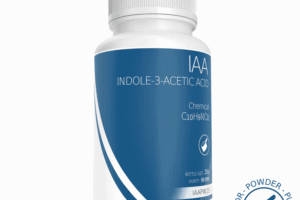 White bottle labelled Plant Cell Indole-3-Acetic Acid (IAA) Powder, featuring a blue and white design and a growth regulator seal.