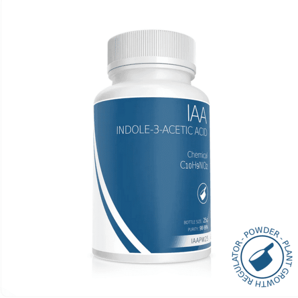 White bottle labelled Plant Cell Indole-3-Acetic Acid (IAA) Powder, featuring a blue and white design and a growth regulator seal.