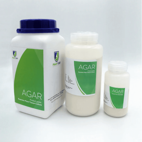 Three white containers of Plant Cell Supreme TC Grade Agar powder, featuring green and white labels and available in different sizes, arranged on a white background.