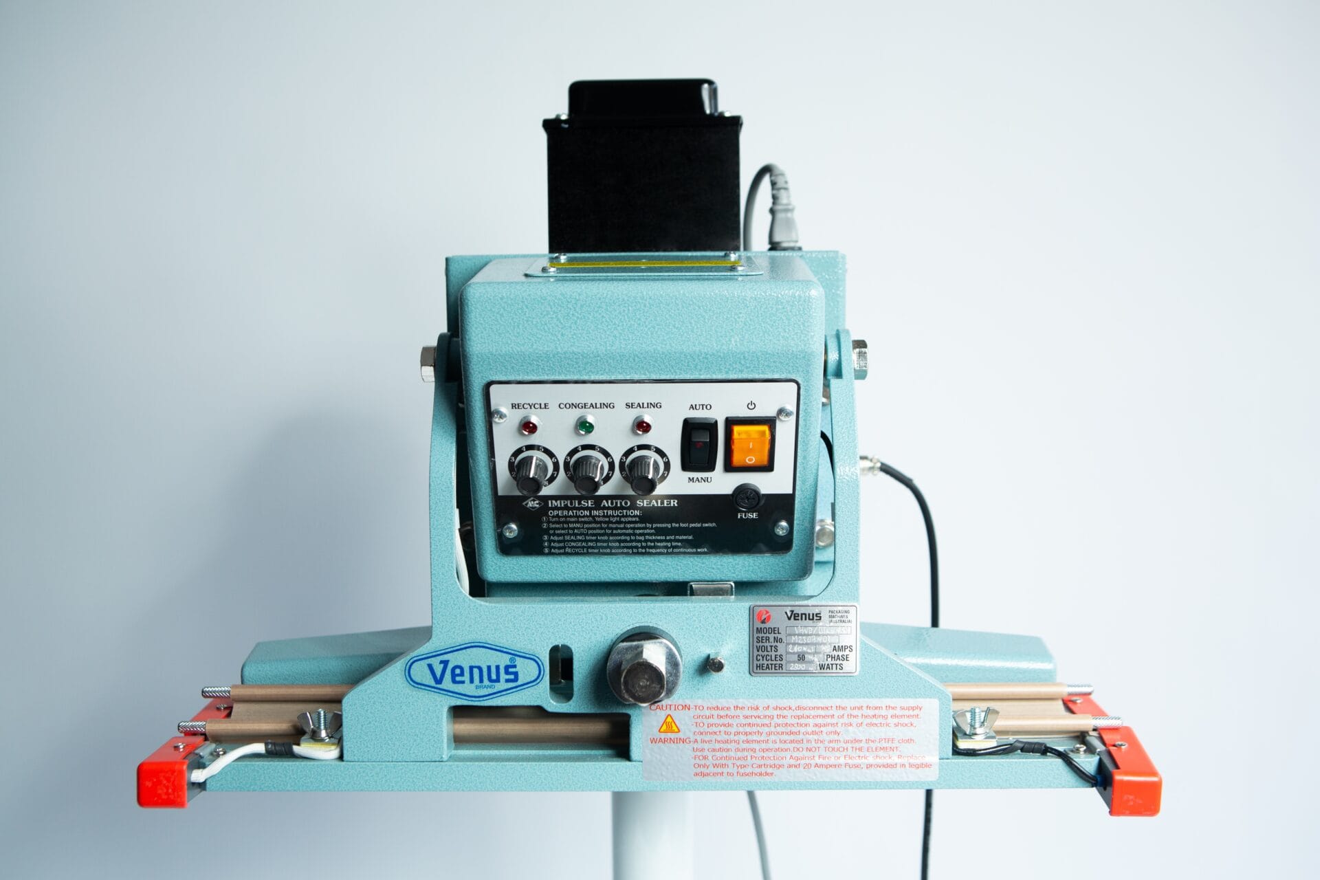 Close-up of a blue Vertical Foot Heat Sealer VHVD 450mm Double 10mm by Venus against a plain light background.