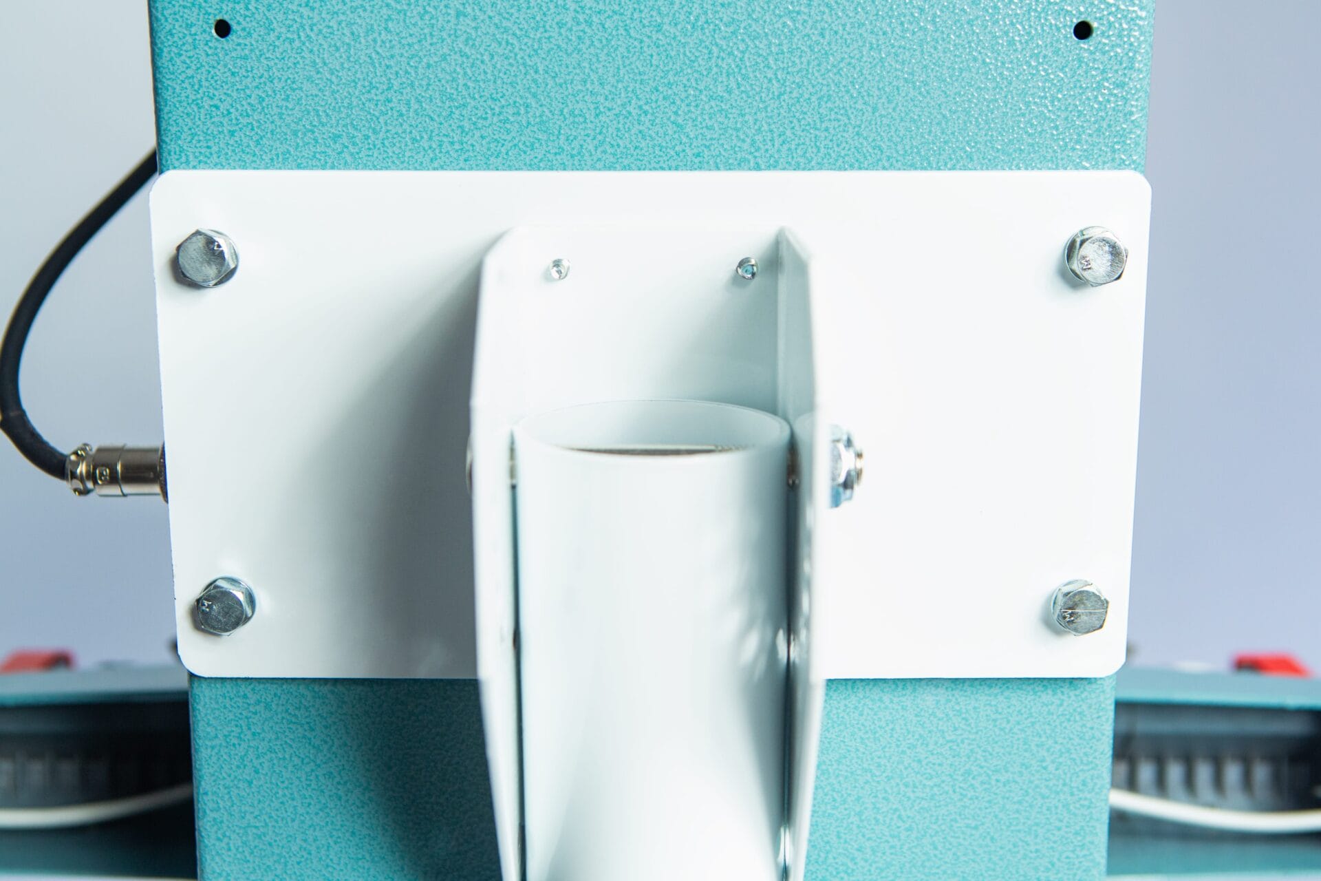 Close-up of the Vertical Foot Heat Sealer VHVD 450mm Double 10mm by Venus, featuring a teal and white industrial design with visible bolts and a metal bracket.