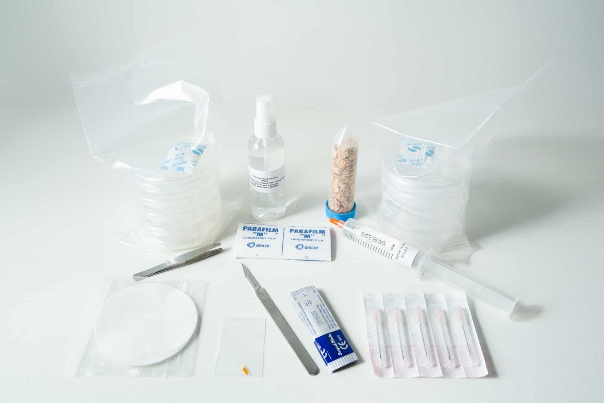 The Slime mould kit - Physarum polycephalum includes petri dishes, tweezers, syringes, Parafilm, spray bottle, scalpel, and more supplies arranged on a white surface.