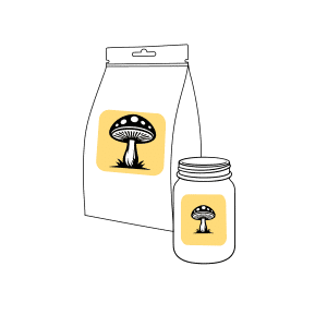 Simple line drawing of a bag and a jar, both labelled with a mushroom illustration on a yellow square background.
