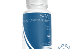 A white bottle labelled Plant Cell Benzylaminopurine (6-BAP) Solution 100ml, 1mg/1ml, with blue accents and a plant growth regulator logo in the corner.