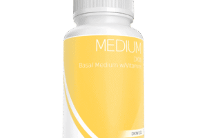 White bottle with a yellow label reading Plant Cell DKW Medium with Vitamins Powder.