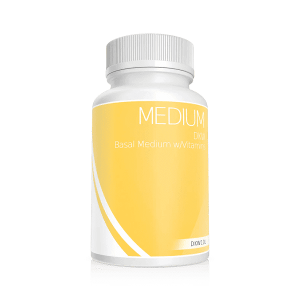 White bottle with a yellow label reading Plant Cell DKW Medium with Vitamins Powder.