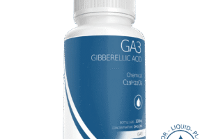 A white bottle labelled Plant Cell Gibberellic Acid (GA3) Solution 100ml 1mg/1ml, with plant growth regulator text and a blue water droplet icon.