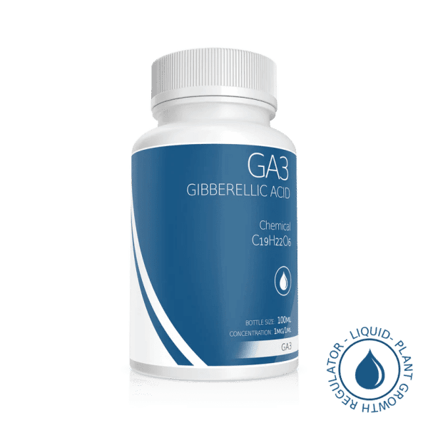 A white bottle labelled Plant Cell Gibberellic Acid (GA3) Solution 100ml 1mg/1ml, with plant growth regulator text and a blue water droplet icon.