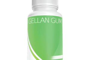 A white bottle with a green label that reads "Plant Cell Gellan Gum" on a plain light background.