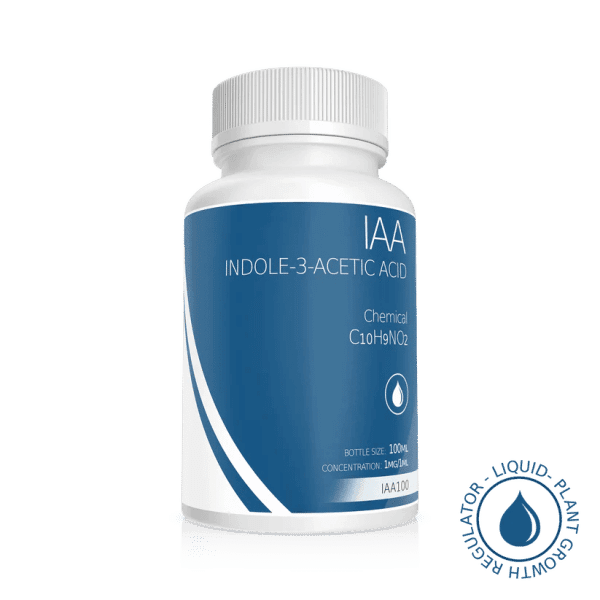 A white bottle labelled Plant Cell Indole-3-Acetic Acid (IAA) Solution, 100ml, 1mg/1ml, with blue accents and a plant growth regulator seal.
