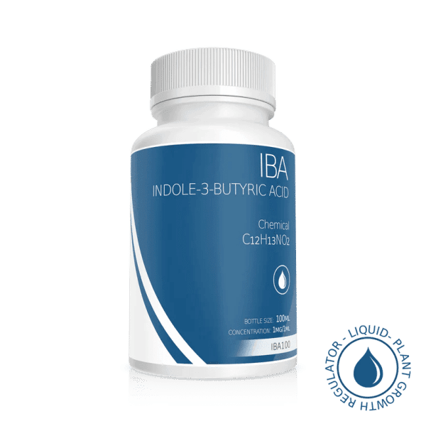 A white and blue bottle labelled Plant Cell Indole-3-Butyric Acid (IBA) Solution, 100ml, 1mg/1ml, featuring a plant growth regulator symbol.