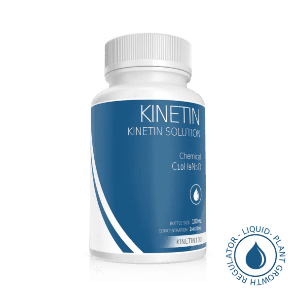 White bottle labelled "Plant Cell Kinetin Solution | 100ml | 1mg/1ml" with blue accents, used as a liquid plant growth regulator.