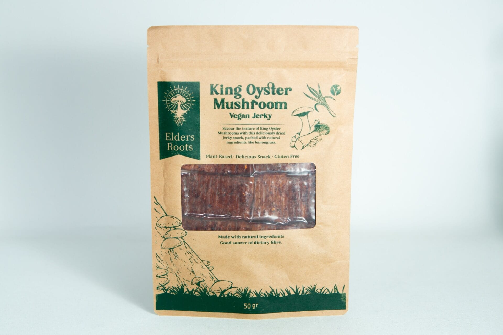 A brown bag of Shiitake Mushroom Floss | Vegan with a clear window showing the product inside.