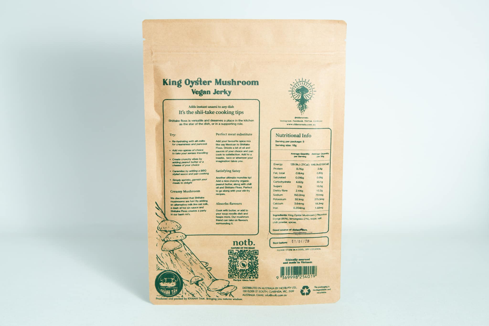 Back of a brown package labelled Shiitake Mushroom Floss | Vegan, featuring nutritional info and cooking tips.