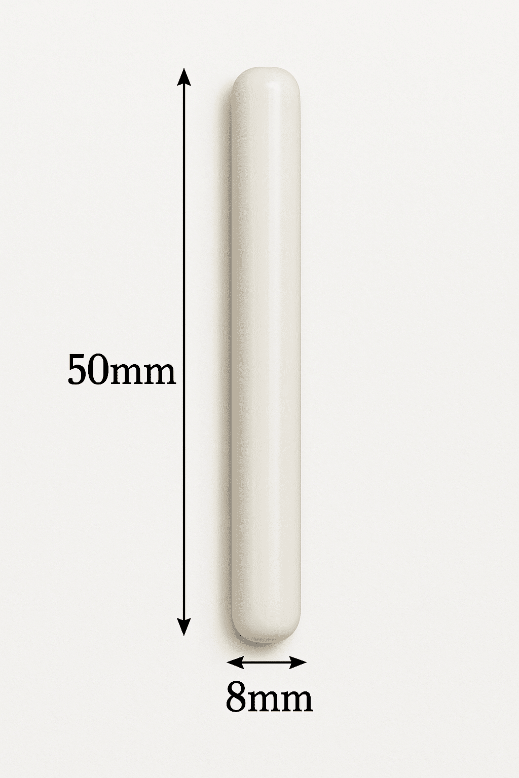 A set of five white Magnetic Stirrer Bars, each cylindrical and measuring 8mm x 50mm, shown with labelled double-headed arrows.
