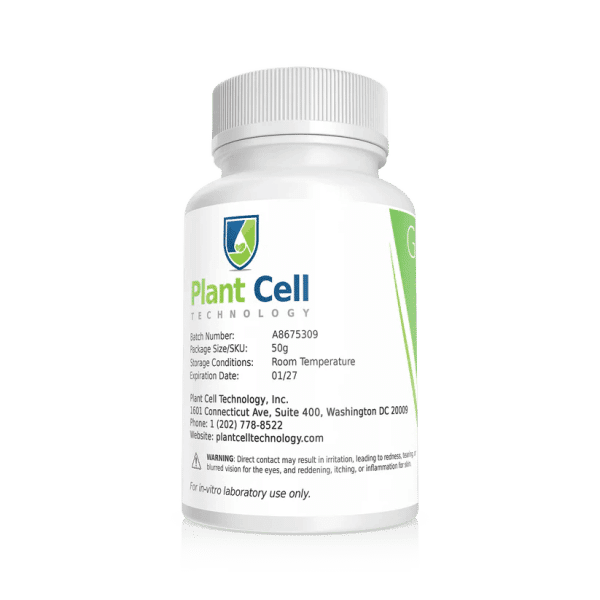 White bottle labelled Plant Cell Gellan Gum with contact details and a warning: for in-vitro laboratory use only.
