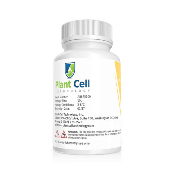 White bottle labelled "Plant Cell Orchid Maintenance Medium" with product details and a "for laboratory use only" warning.