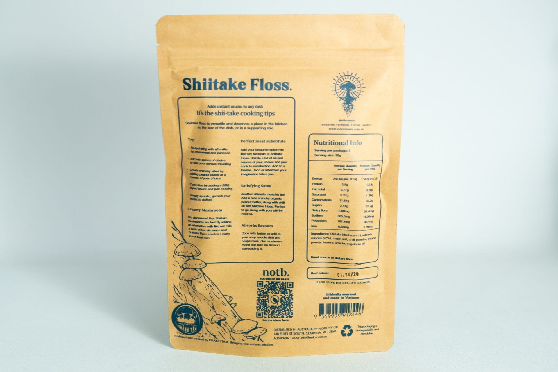 A brown parcel labelled "Shiitake Mushroom Floss | Vegan" featuring product information, cooking tips, and nutritional facts on the reverse.
