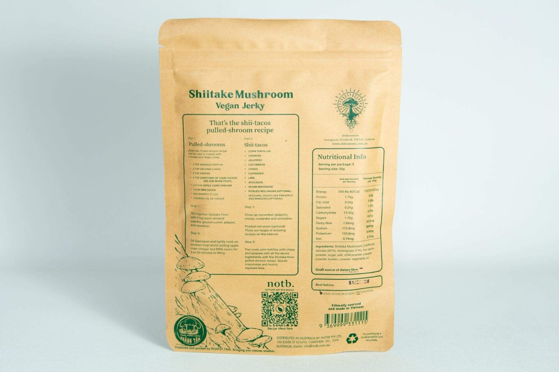 A brown parcel of Shiitake Mushroom Floss | Vegan featuring ingredients and nutrition facts printed in green.