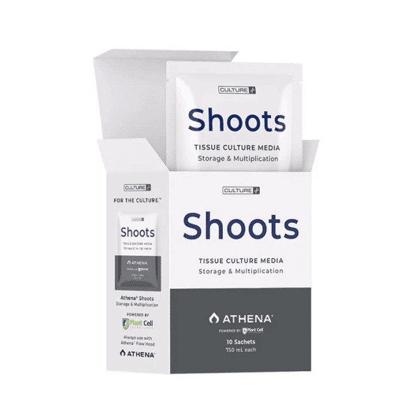A white box labelled Plant Cell | Athena | Shoots™ Tissue Culture Media Box of 10, containing sachets for plant culture.