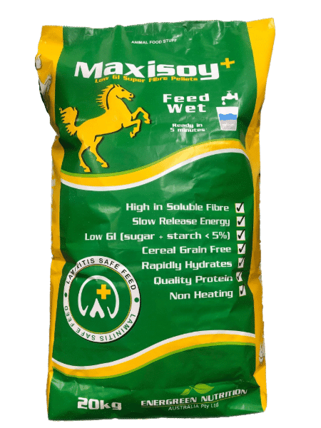 A 20kg Maxisoy Soya Hull Pellets Feed Wet bag for horses in yellow and green, featuring a horse graphic and product details.