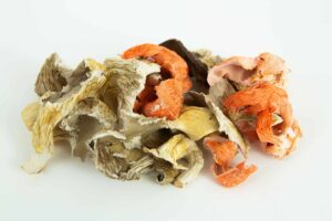A pile of Dehydrated Oyster Mushroom in beige, orange, and brown shades on a white background.