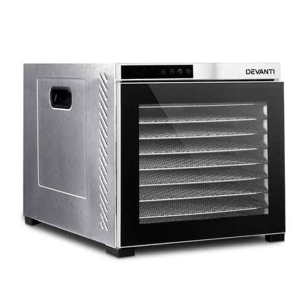 The Devanti 10 Trays Food Dehydrator Stainless Steel features a glass door and multiple mesh drying racks for efficient, even dehydration.