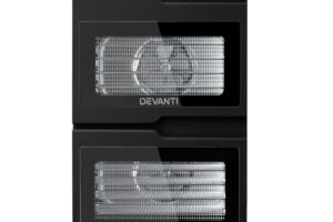 Black Devanti 12 Trays Food Dehydrator with dual-zone operation, stainless steel finish, transparent doors for each compartment, and digital display.