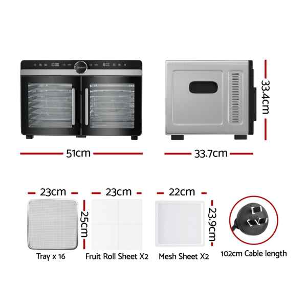 Front and side view of the Devanti 16 Trays Food Dehydrator Dual-Zone Stainless Steel, showing trays, mesh sheets, accessories, and labelled dimensions.