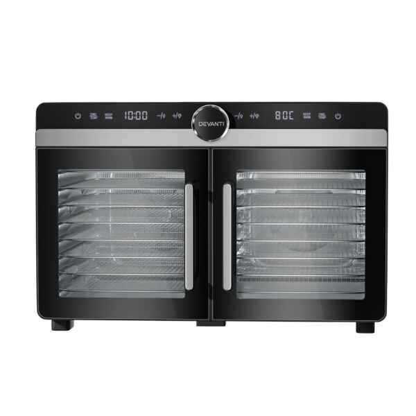 The Devanti 16 Trays Food Dehydrator features dual-zone functionality, a stainless steel interior, digital display, and multiple shelves for versatile worktop use.