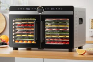 The Devanti 16 Trays Food Dehydrator Dual-Zone Stainless Steel, filled with trays of sliced fruit and vegetables, sits on a kitchen worktop.