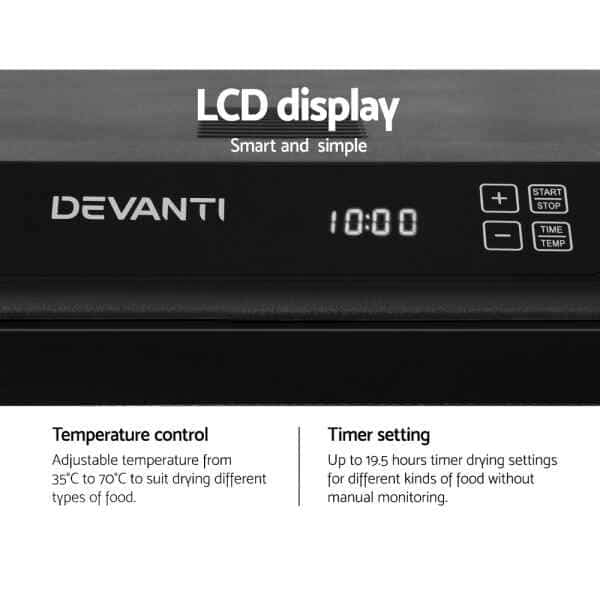 Close-up of a Devanti 6 Trays Food Dehydrator LCD display, featuring time, control buttons, temperature/timer settings, and part of a stainless steel tray.