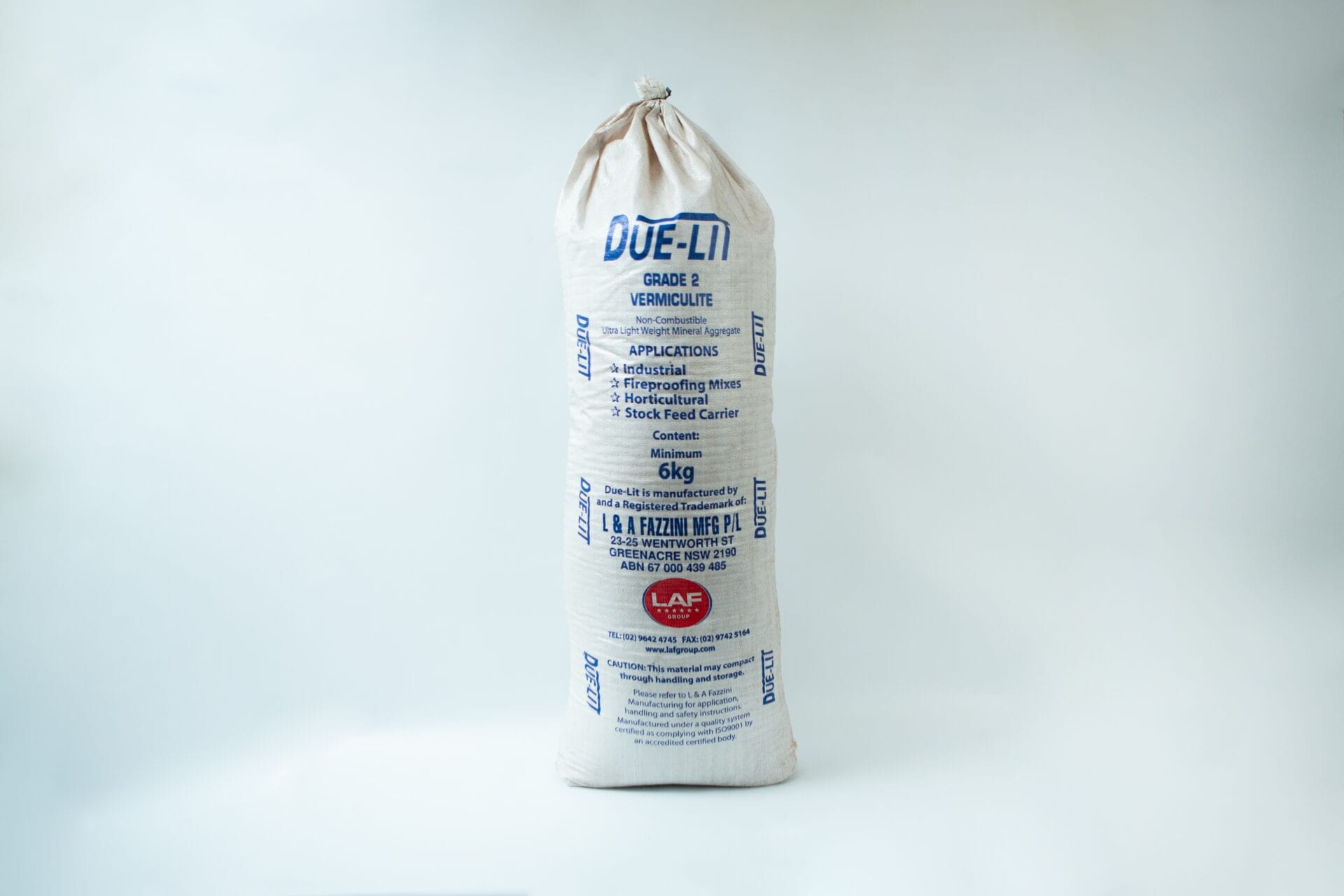 A white bag of DUE-LI fine grade vermiculite, ideal for mycology projects, standing upright on a plain white background.