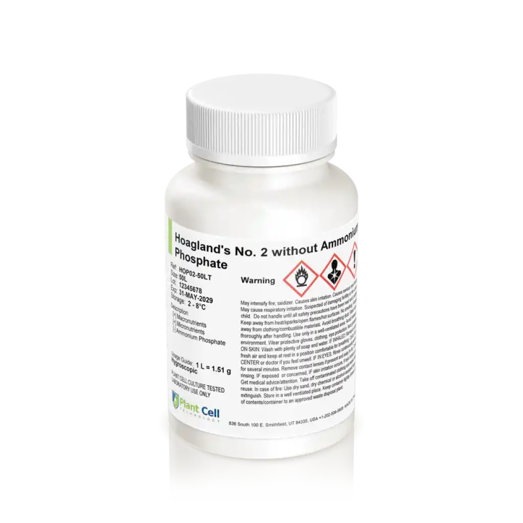 White plastic bottle labelled Plant Cell Hoagland's No. 2 Basal Salt Mixture, with warning symbols—ideal for precise plant cell culture applications.