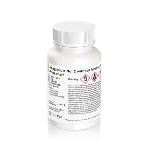 White plastic bottle labelled Plant Cell Hoagland's No. 2 Basal Salt Mixture, with warning symbols—ideal for precise plant cell culture applications.