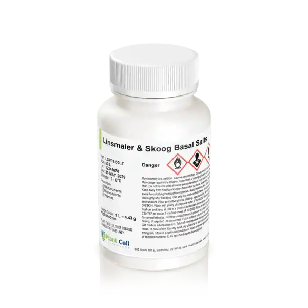 A white bottle labelled “Plant Cell Linsmaier & Skoog (LS) Basal Salts” displays hazard symbols and safety information, making it ideal for plant cell culture applications.