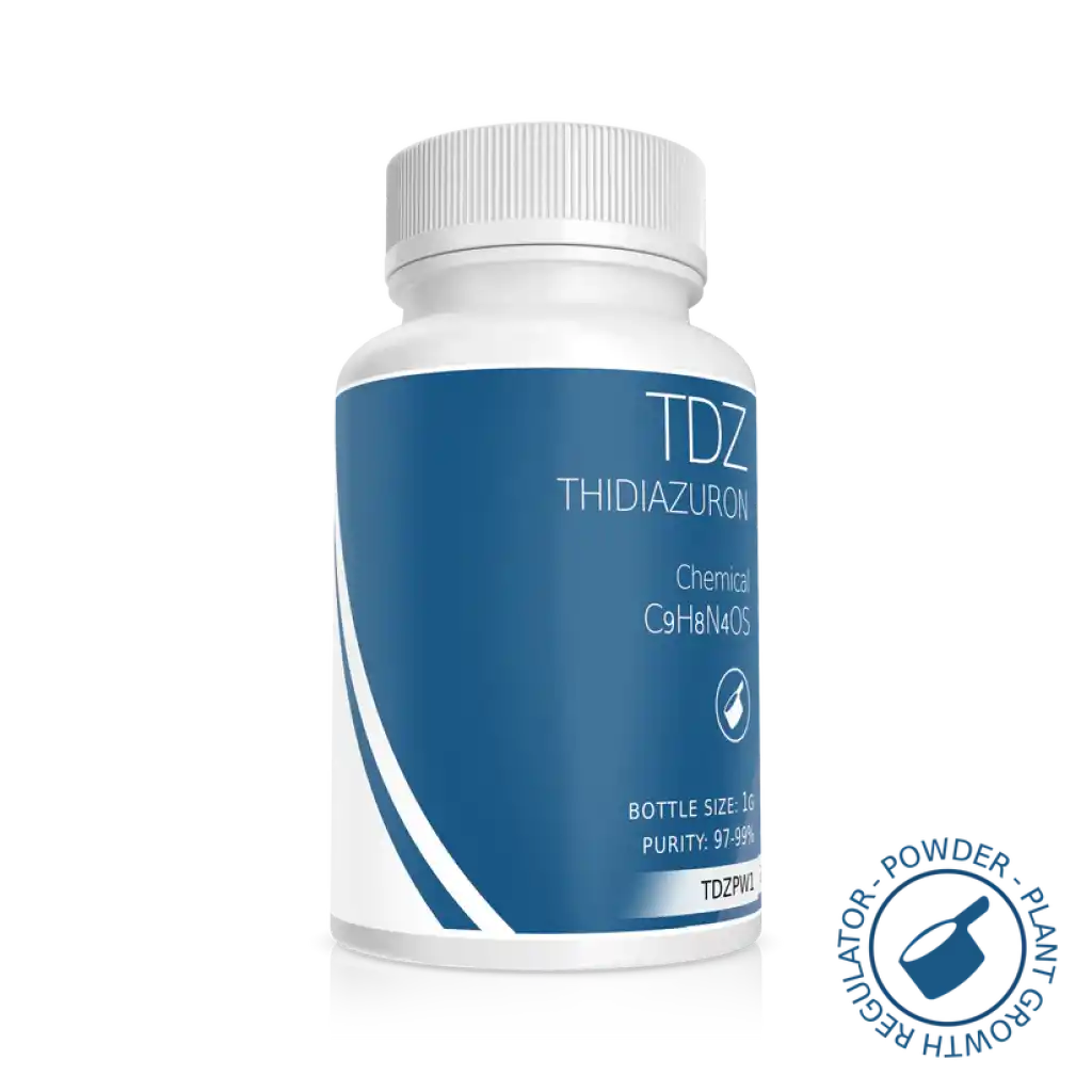 White bottle labelled "Thidiazuron (TDZ) 1g," a plant growth regulator, featuring chemical formula and purity info in a blue and white design.